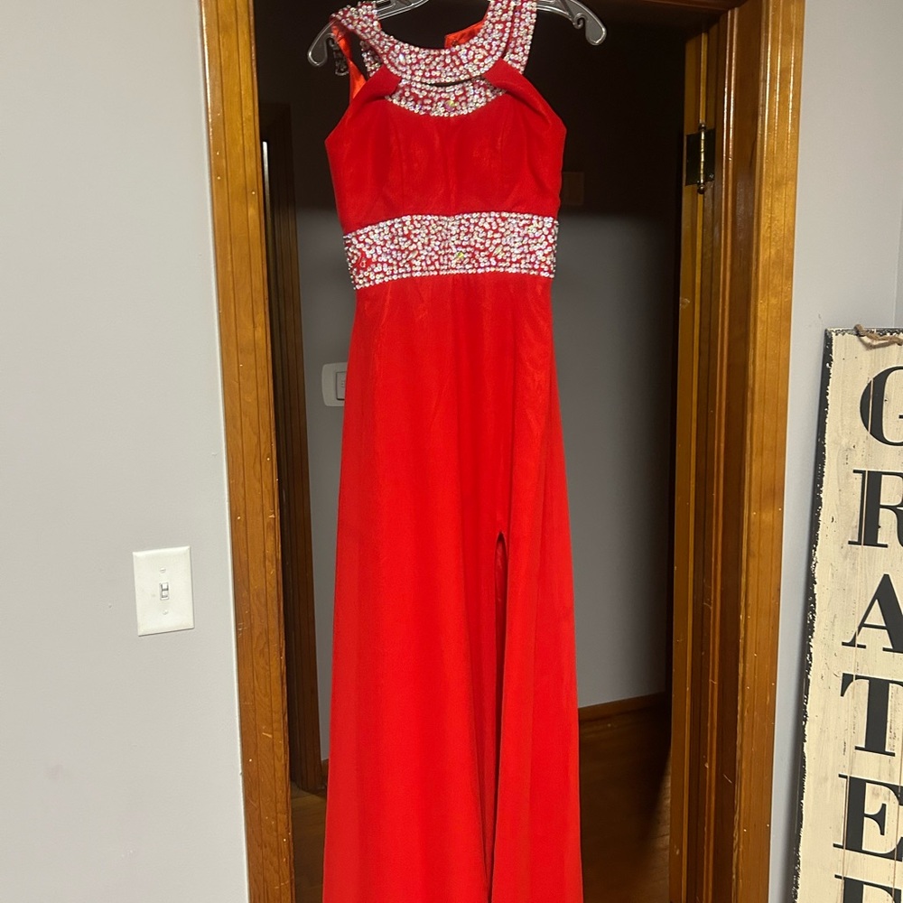 Red Beaded Halter Evening Gown